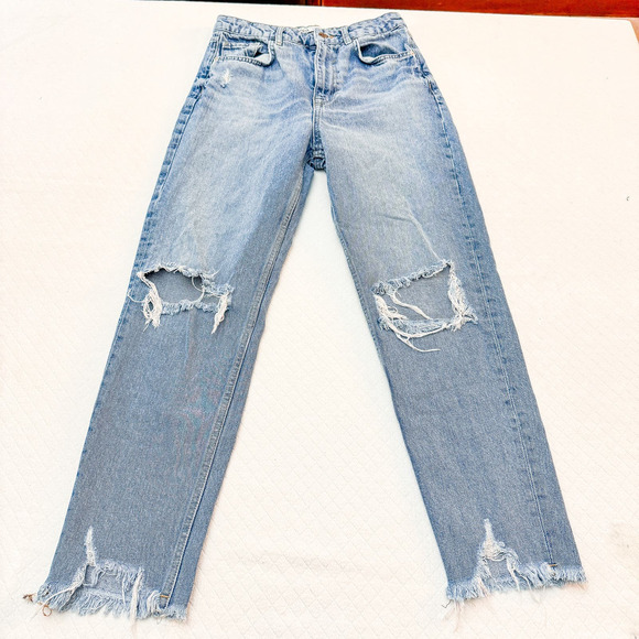 Zara Straight Leg Distressed Denim Jeans Raw Hem Size 08 - Picture 2 of 7